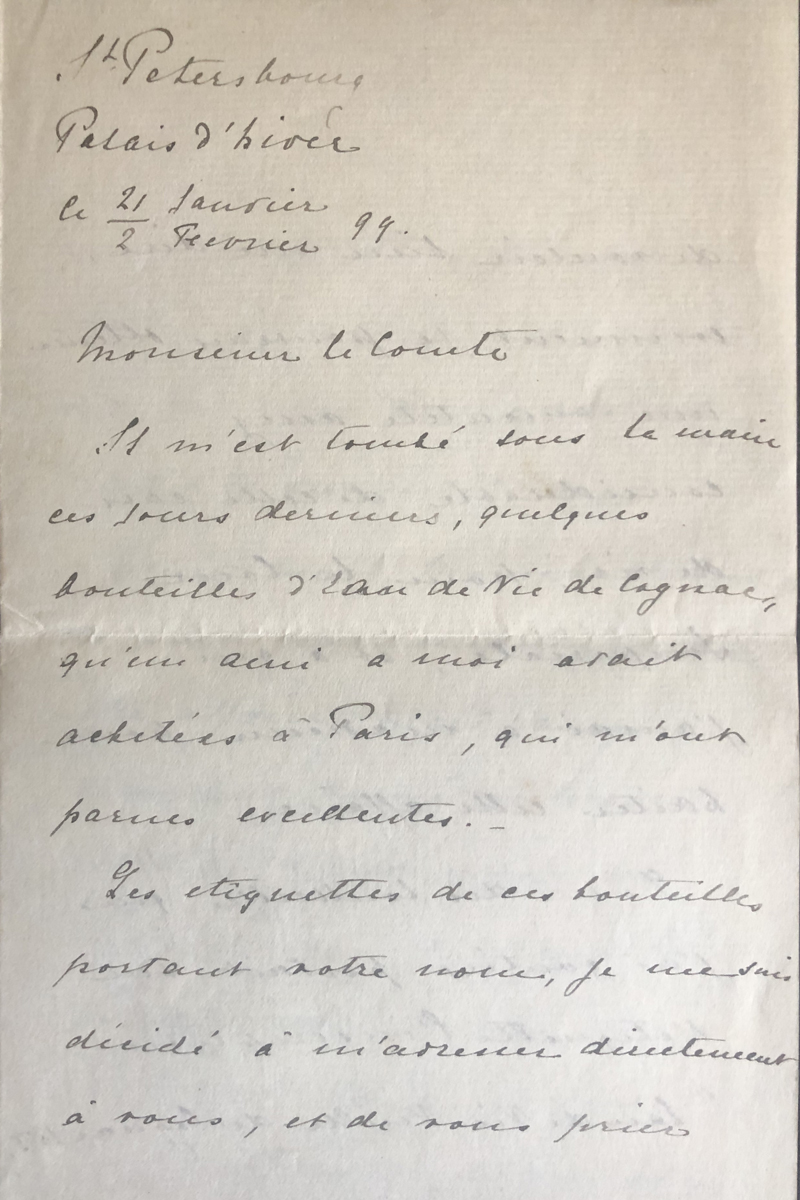 Lettres du Comte de Benckendorff Maréchal de la Cour de S.M. l’Empereur de Russie, Saint Petersbourg, Palais d'Hiver 1899