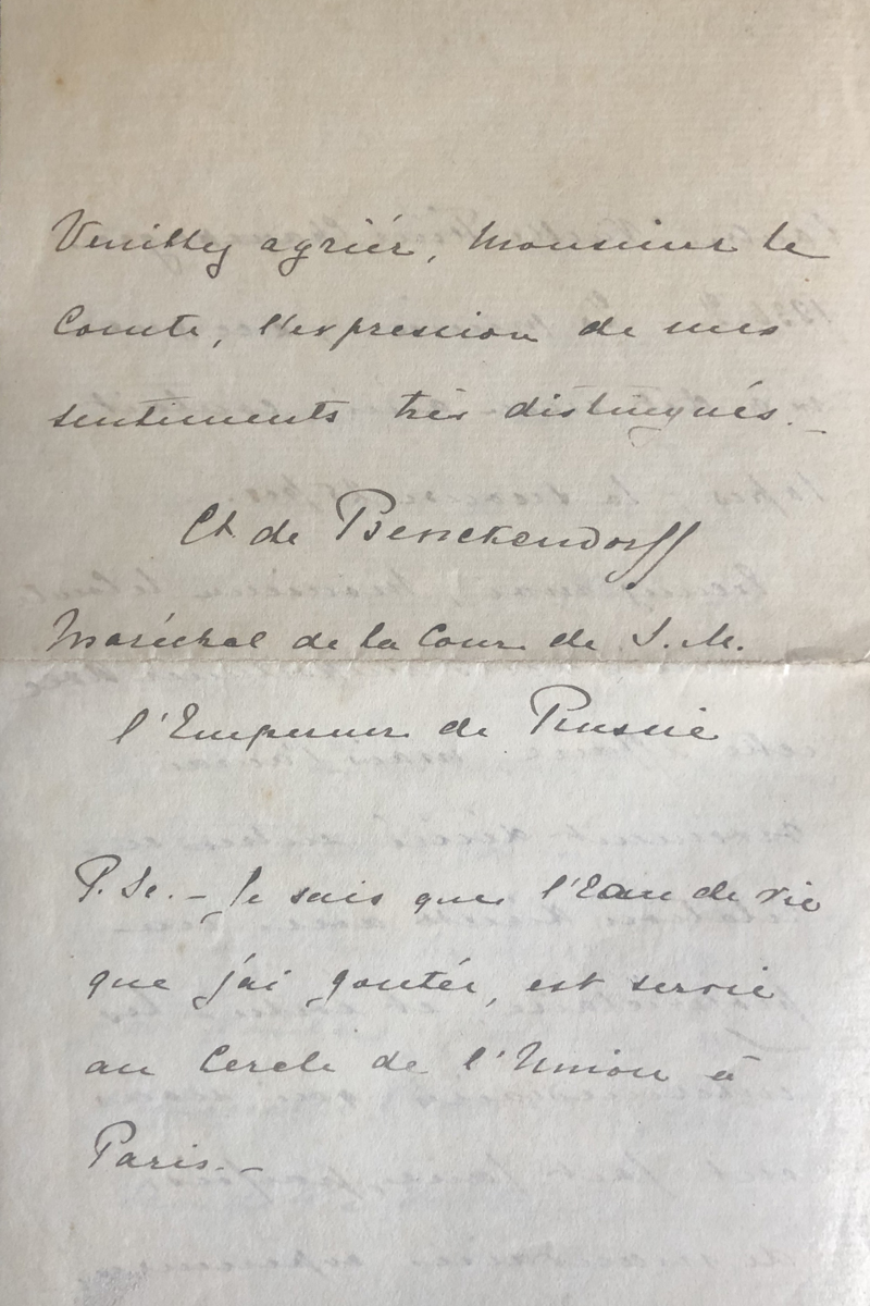 Lettres du Comte de Benckendorff Maréchal de la Cour de S.M. l’Empereur de Russie, Saint Petersbourg, Palais d'Hiver 1899